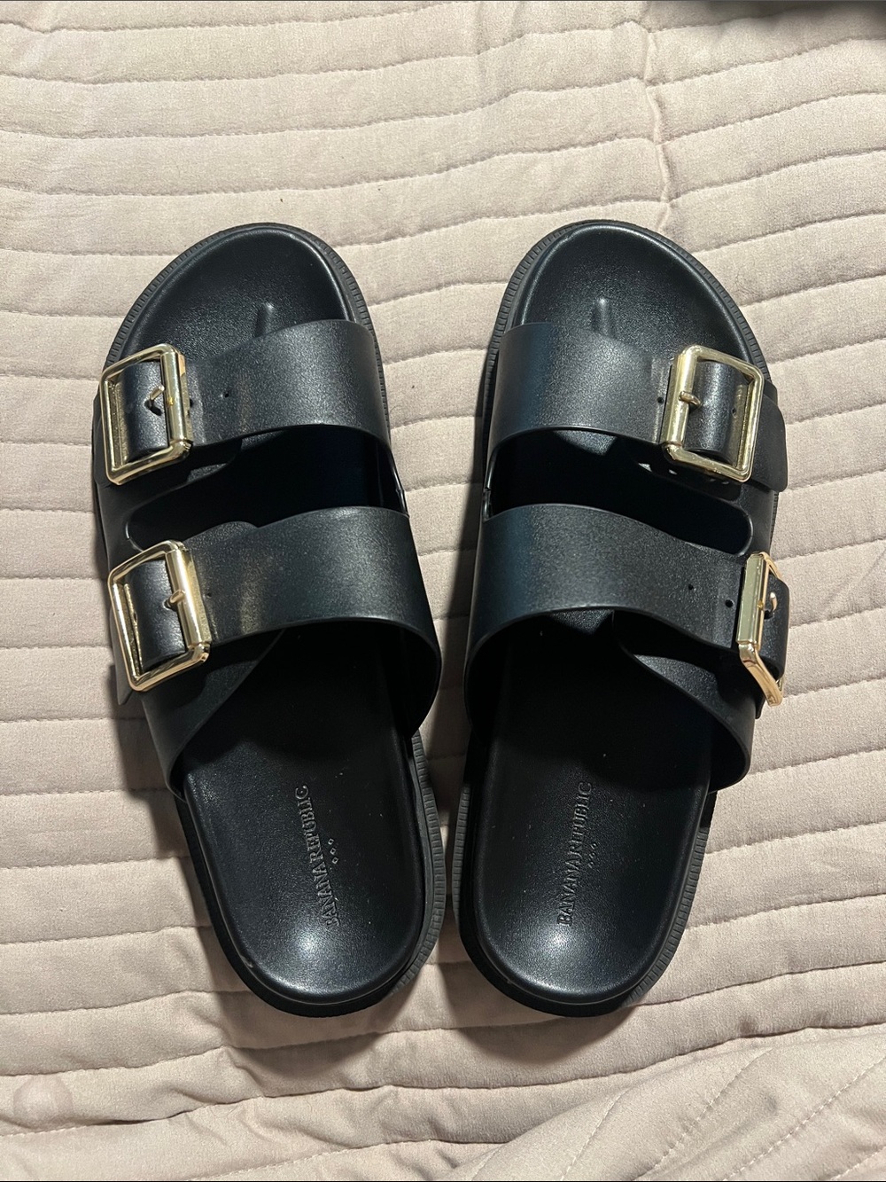 Banana Republic Black Slide Sandals with Gold Buckles
